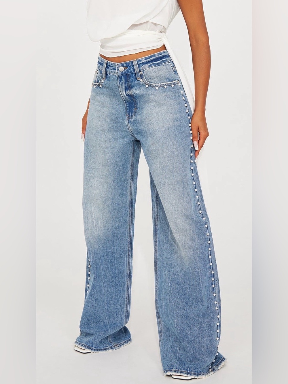 Wide Leg Pearl-Trim Light Blue Jeans - Women